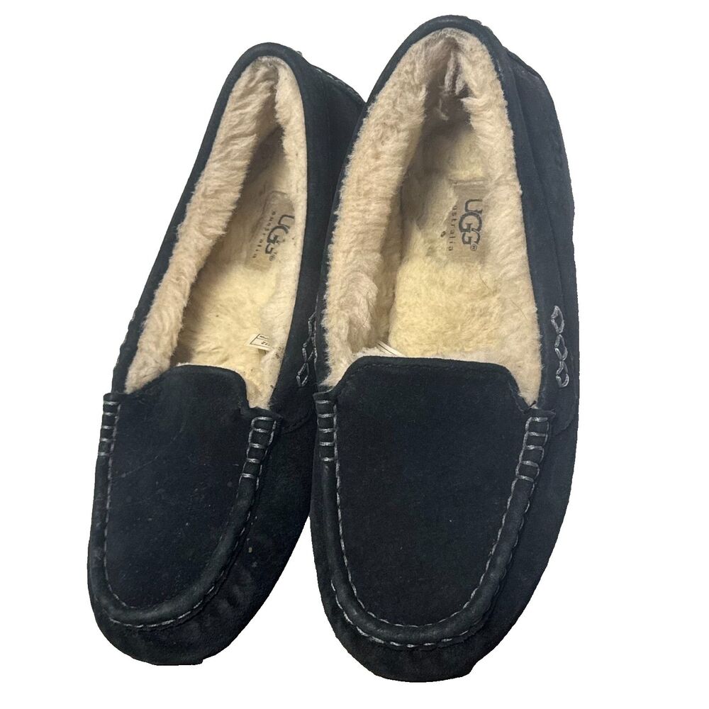 UGG Black Suede Slippers Women 8 Moccasin Shearling Lined Cozy House Shoes - Picture 2 of 11